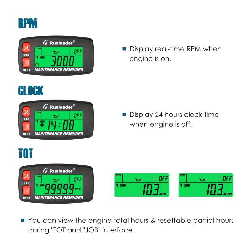 Runleader Digital Maintenance Tach Hour Meter Gauge,RPM Alert,Backlight Display,Battery Replaceable,Used for Small Gas Engine, Works on Garden Tractor Motorcycle Generator Snowmobile Chainsaw Marine. - Image 2
